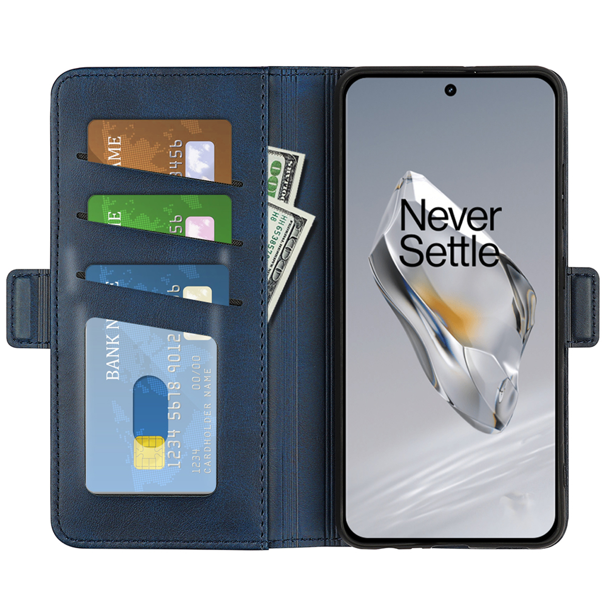 Blauwe telefoonhoes portemonnee open met telefoon en kaarten erin. De telefoon toont 'Never Settle'.