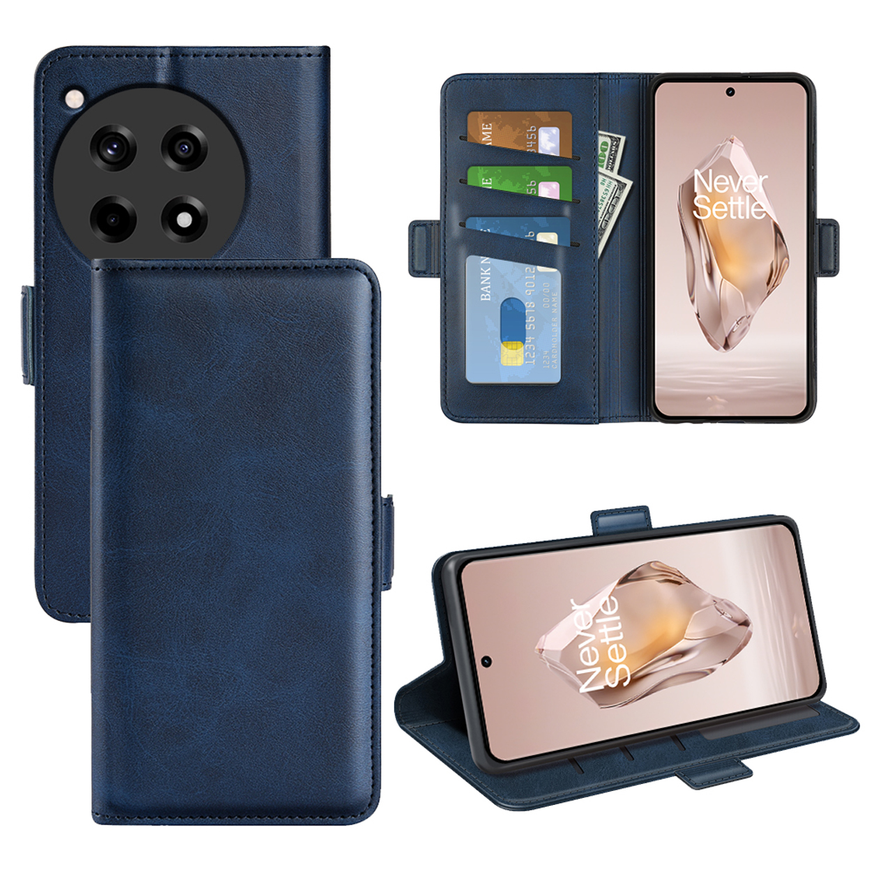 Étui de téléphone en cuir bleu, ouvert pour révéler un téléphone avec des emplacements pour portefeuille. Argent et cartes à l'intérieur.