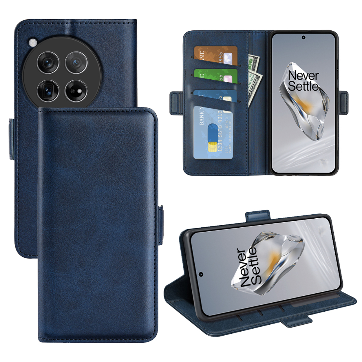 Blauwe telefoonhoes, open met telefoon, kaarten en contant geld. Telefoon toont 'Never Settle'.