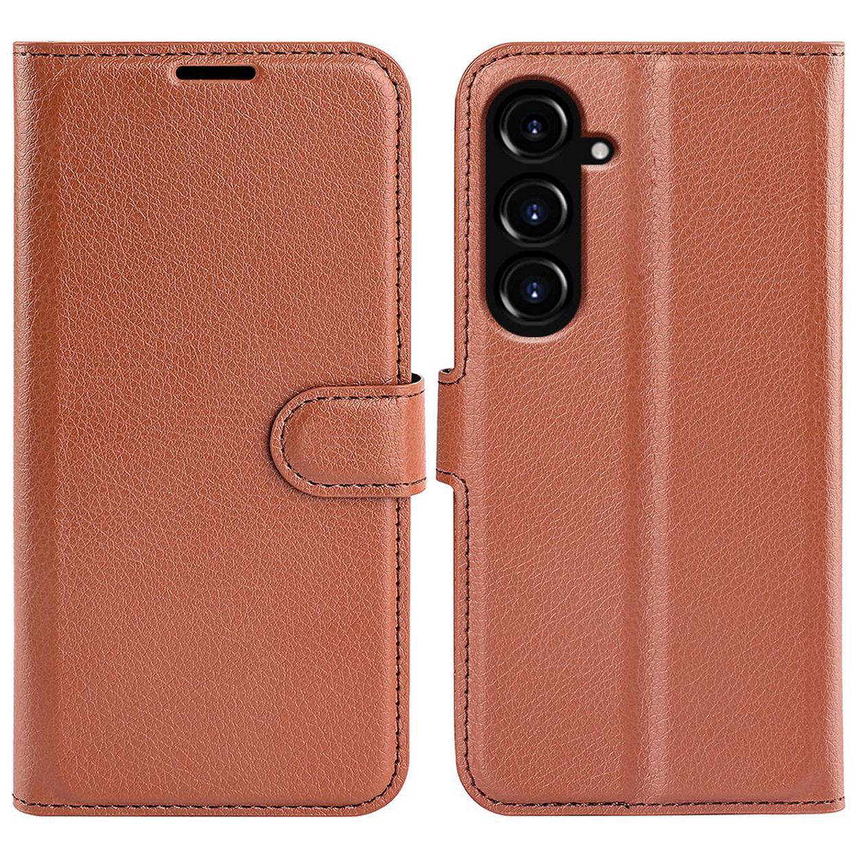 Bruine telefoonhoes open. De telefoon zit erin en de hoes is bruin.