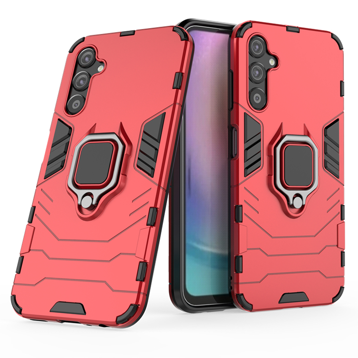 Twee rode telefoonhoesjes, één met een telefoon. Hoesjes hebben een ringhouder en zijn schuin.