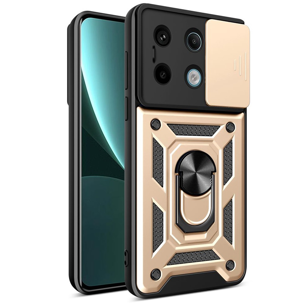 Goud en zwarte telefoonhoes. Telefoon is geplaatst. Camera is blootgelegd. Ringhouder.