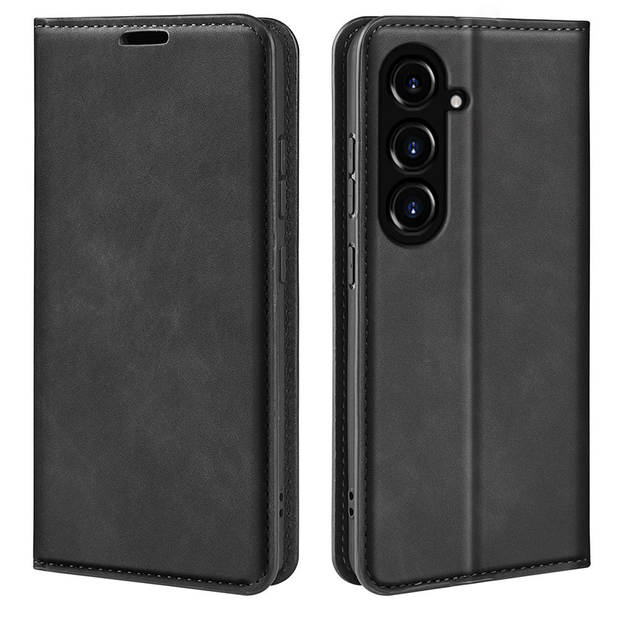 Étui de téléphone en cuir noir, fermé et ouvert. Téléphone visible à l'intérieur.