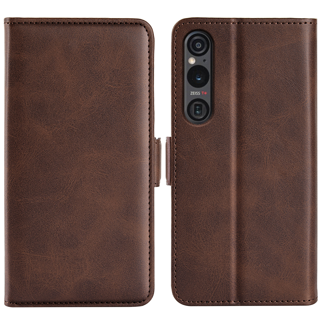 Bruine leren telefoonhoes open, met telefoon. Hoes heeft magnetische sluiting en stiksels.