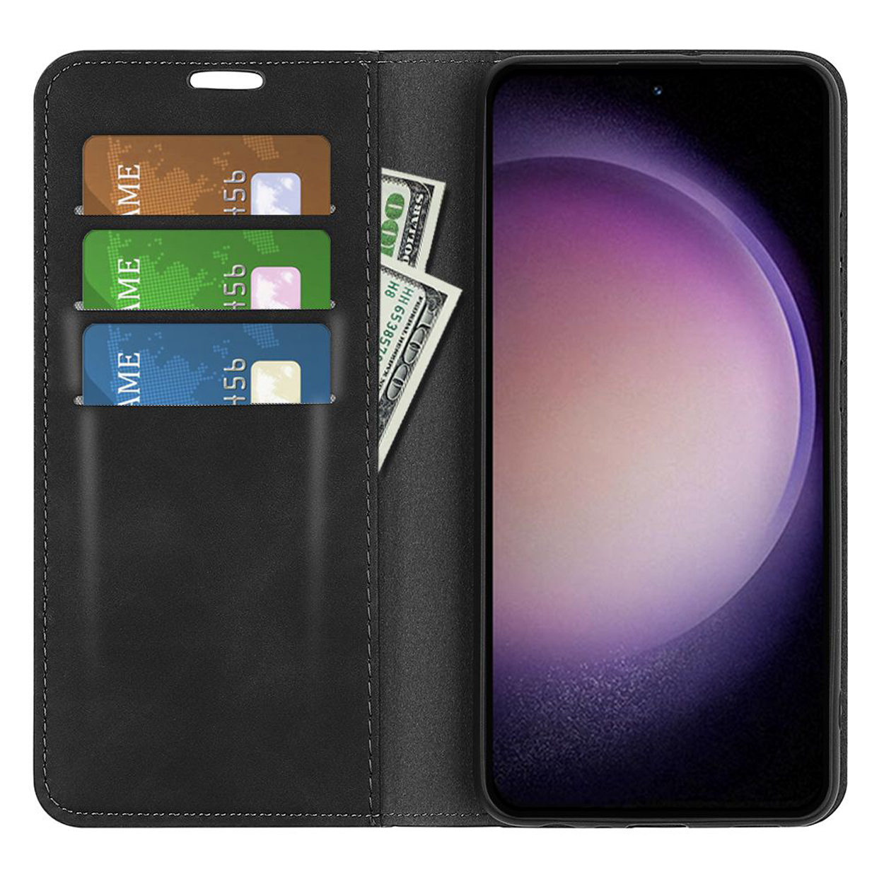 Étui de téléphone noir avec cartes, argent et dégradé violet.