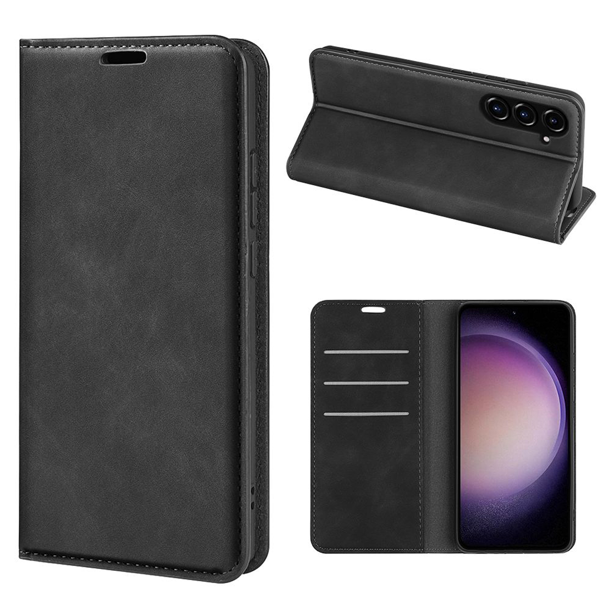 Étui portefeuille en cuir noir pour téléphone en trois vues : fermé, ouvert et avec le téléphone à l'intérieur.