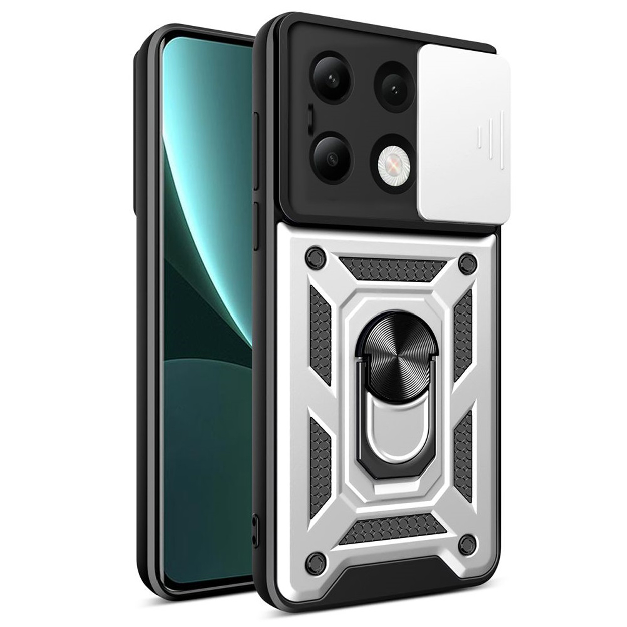 Coque de téléphone noir et blanc avec anneau de maintien. Téléphone non visible.