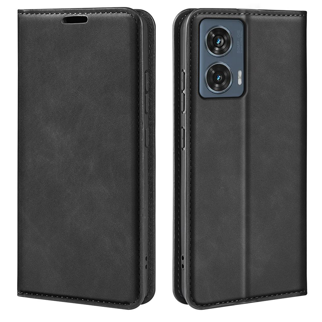Zwarte leren telefoonhoes, gesloten, met een magnetische sluiting. De hoes is gemaakt van zwart leer met stiksels.