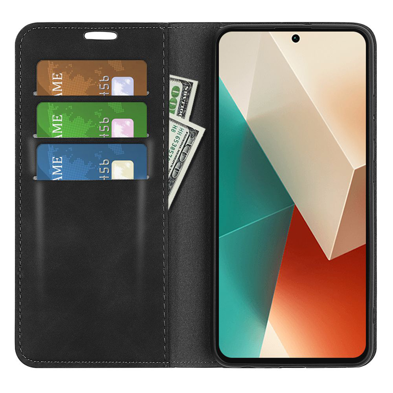Zwarte leren telefoonportemonnee, open, met kaarten en geld zichtbaar binnenin.