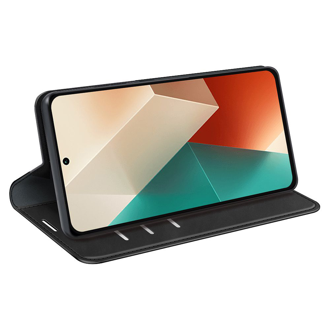 Zwarte telefoonhoes met een telefoon die een abstract ontwerp met wit en oranje weergeeft.
