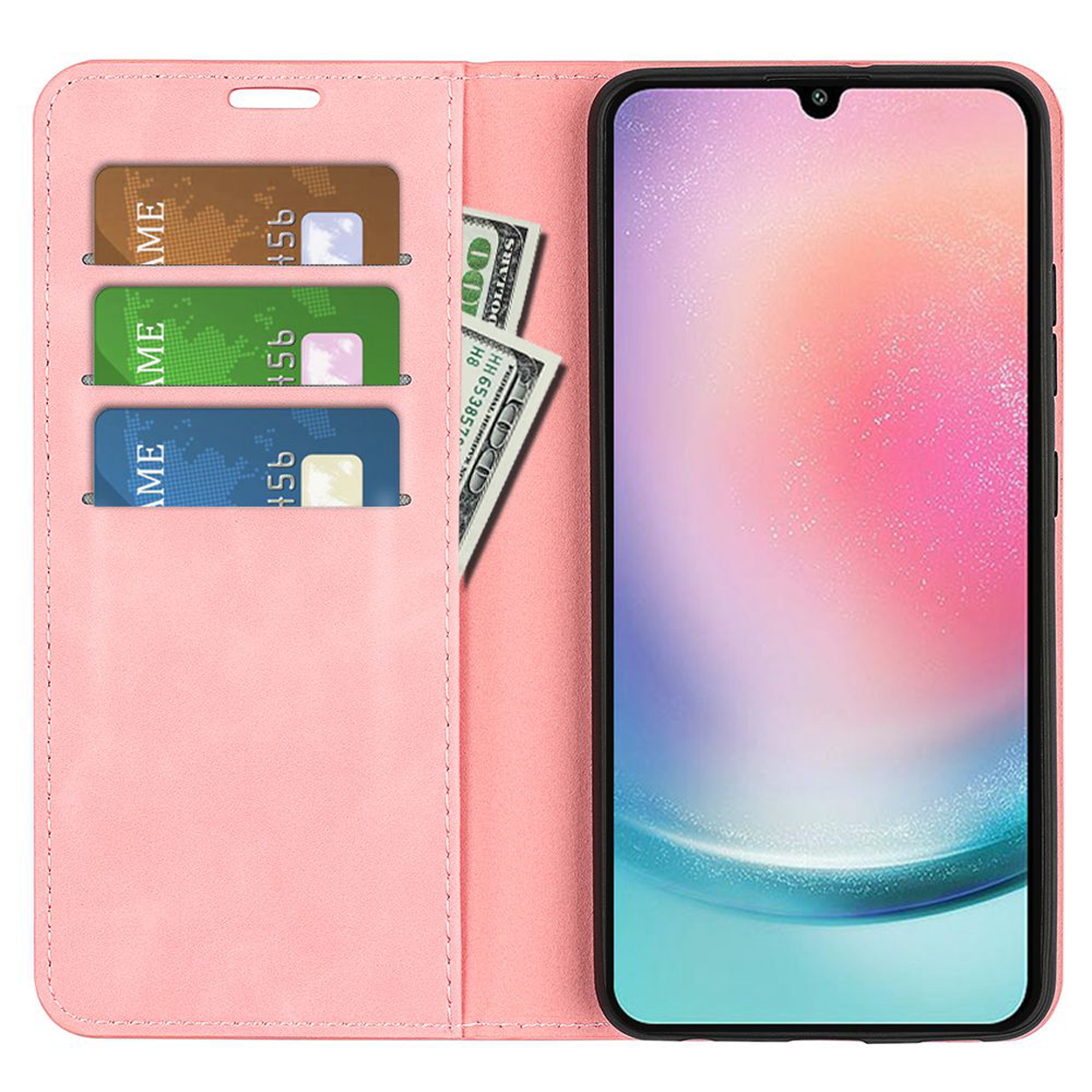 Roze telefoonhoes, open, met kaarten en geld. Telefoon in houder met roze achtergrond. Zwart frame.