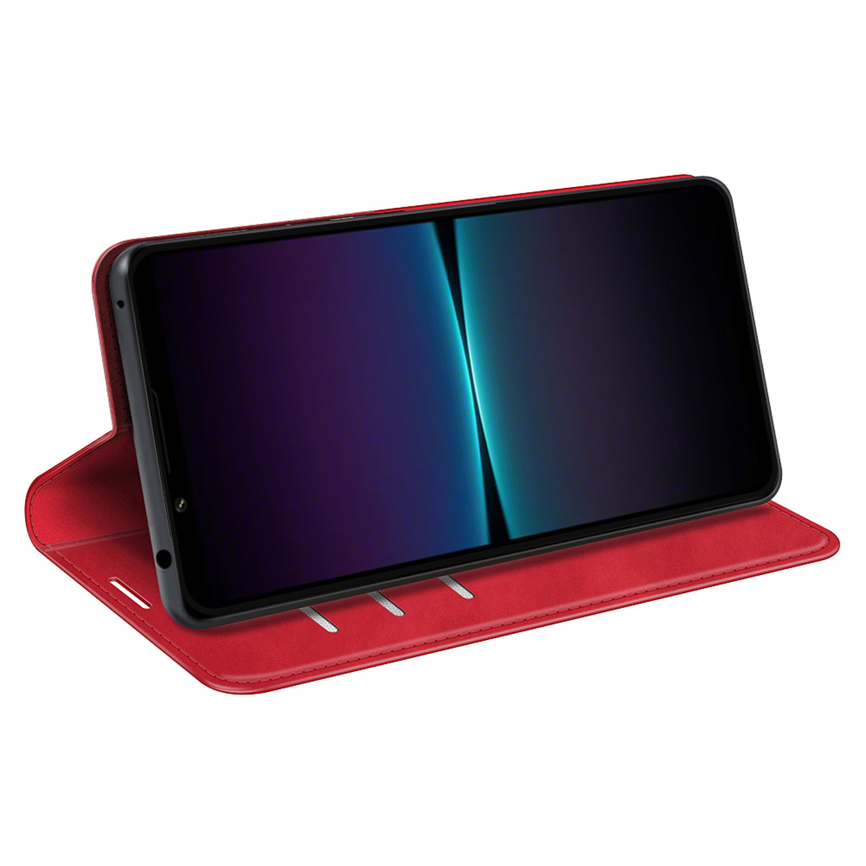 Een rode leren telefoonhoes, open met een telefoon erin. De telefoon heeft een blauw en wit scherm.