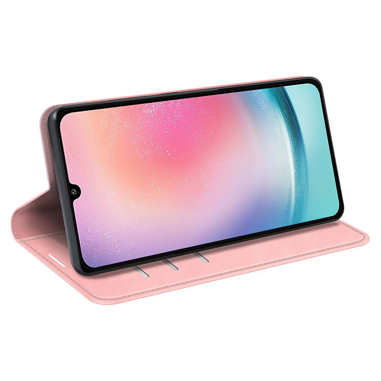 Roze telefoonhoes met telefoon erin. Telefoon toont een kleurrijke afbeelding. Witte achtergrond.