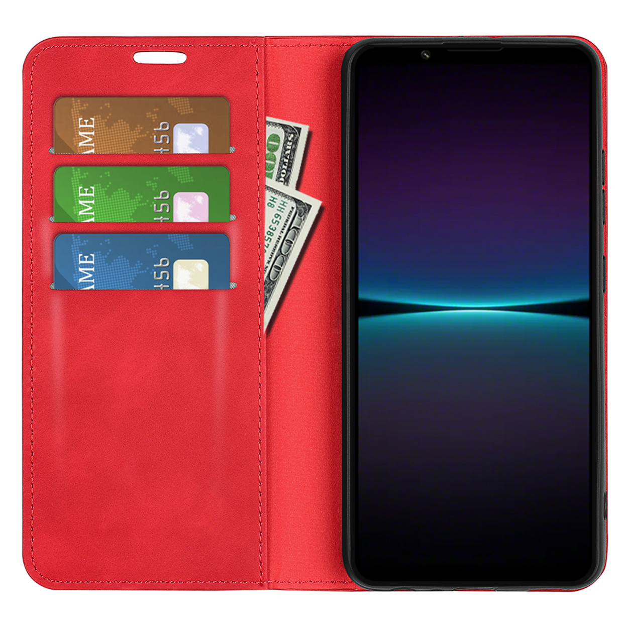 Rode leren telefoonhoes open, met kaarten, contant geld en telefoon. Kaarten lezen 'ME'.