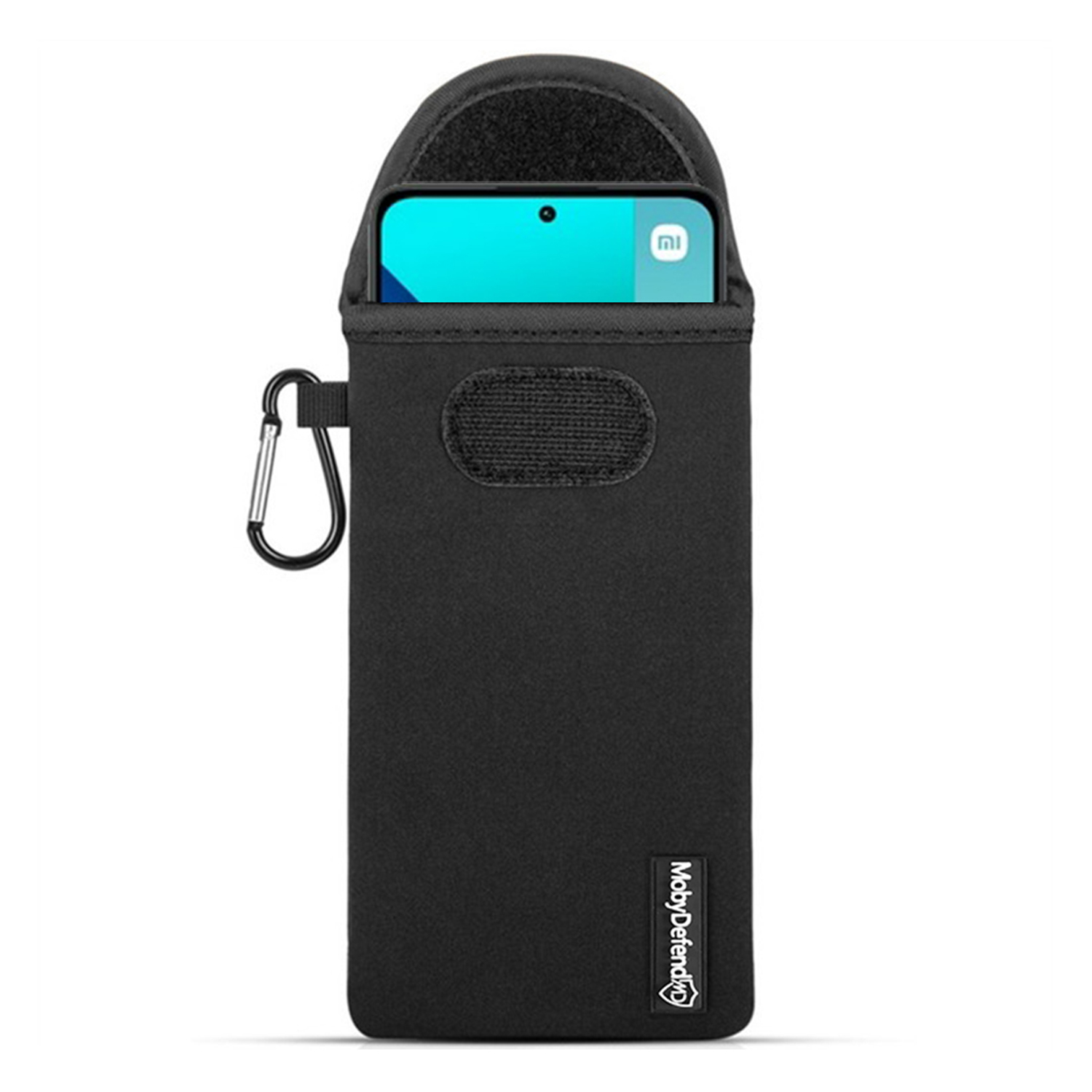 Étui de protection noir pour téléphone avec mousqueton. Le téléphone est partiellement visible.