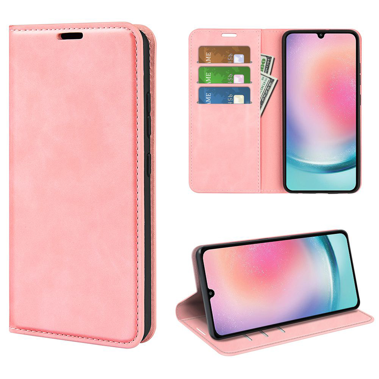Roze telefoonhoes, open, met telefoon, kaarten en contant geld. De telefoon is schuin.