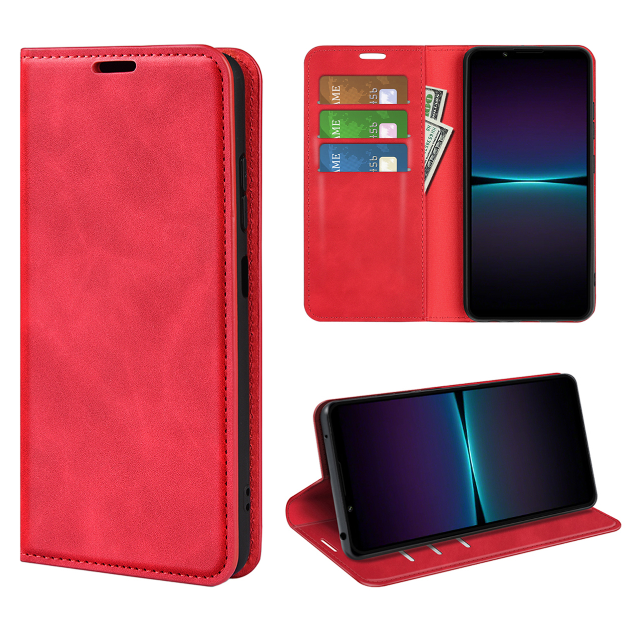 Rode leren telefoonhoes, open. Toont een telefoon, kaarten en contant geld. Ook in standpositie.