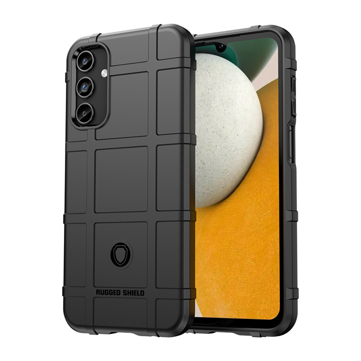Zwarte telefoonhoes met een gestructureerd ontwerp in een rasterpatroon. Een telefoon is te zien.