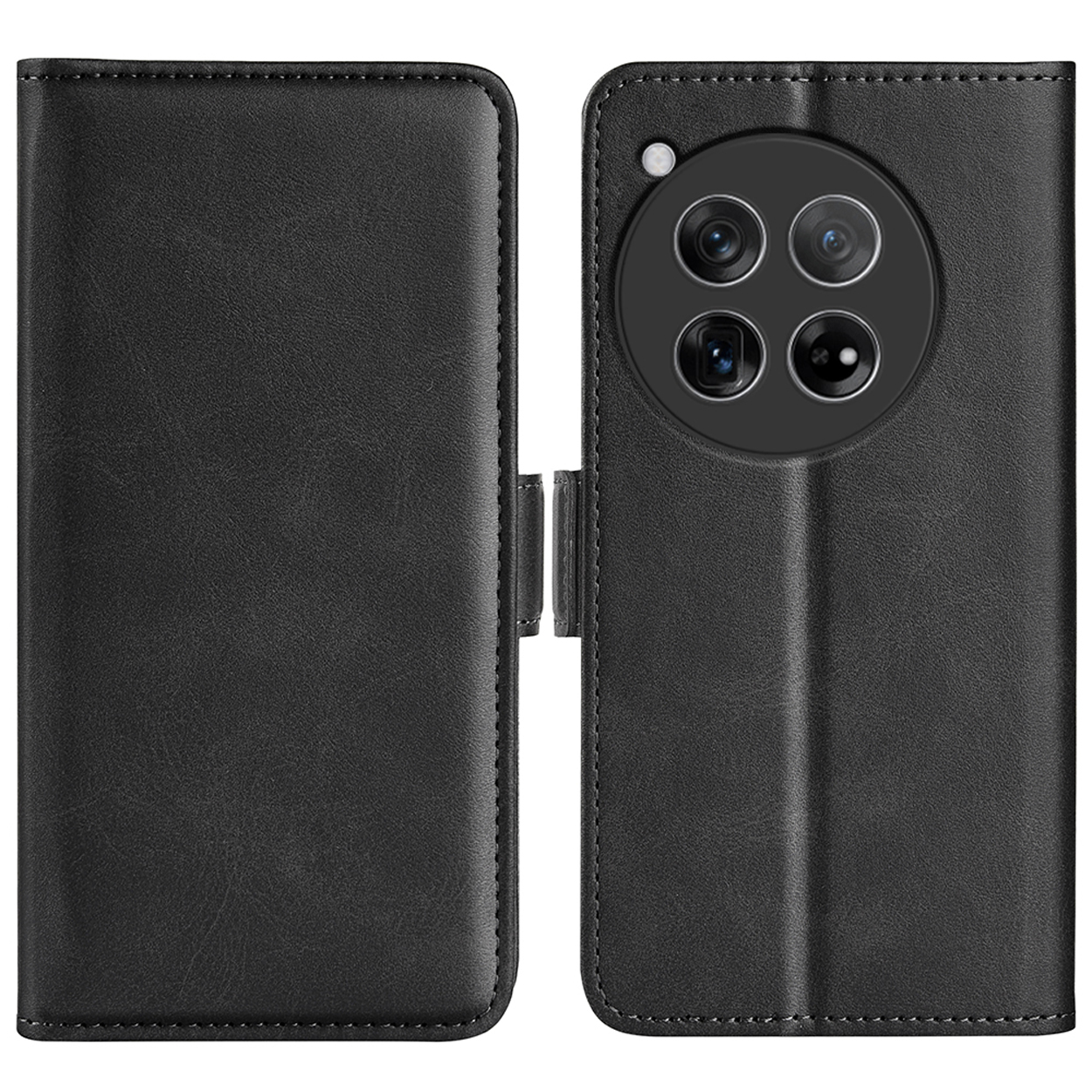 Étui de téléphone en cuir noir, fermé et ouvert. Téléphone visible à l'intérieur.