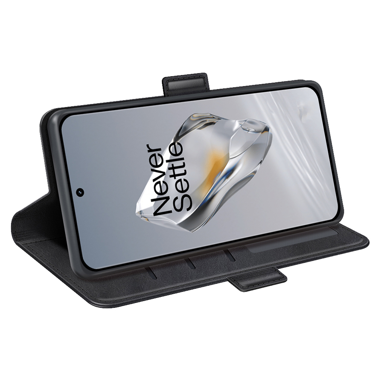Étui de téléphone noir, téléphone affichant les mots "Never Settle".