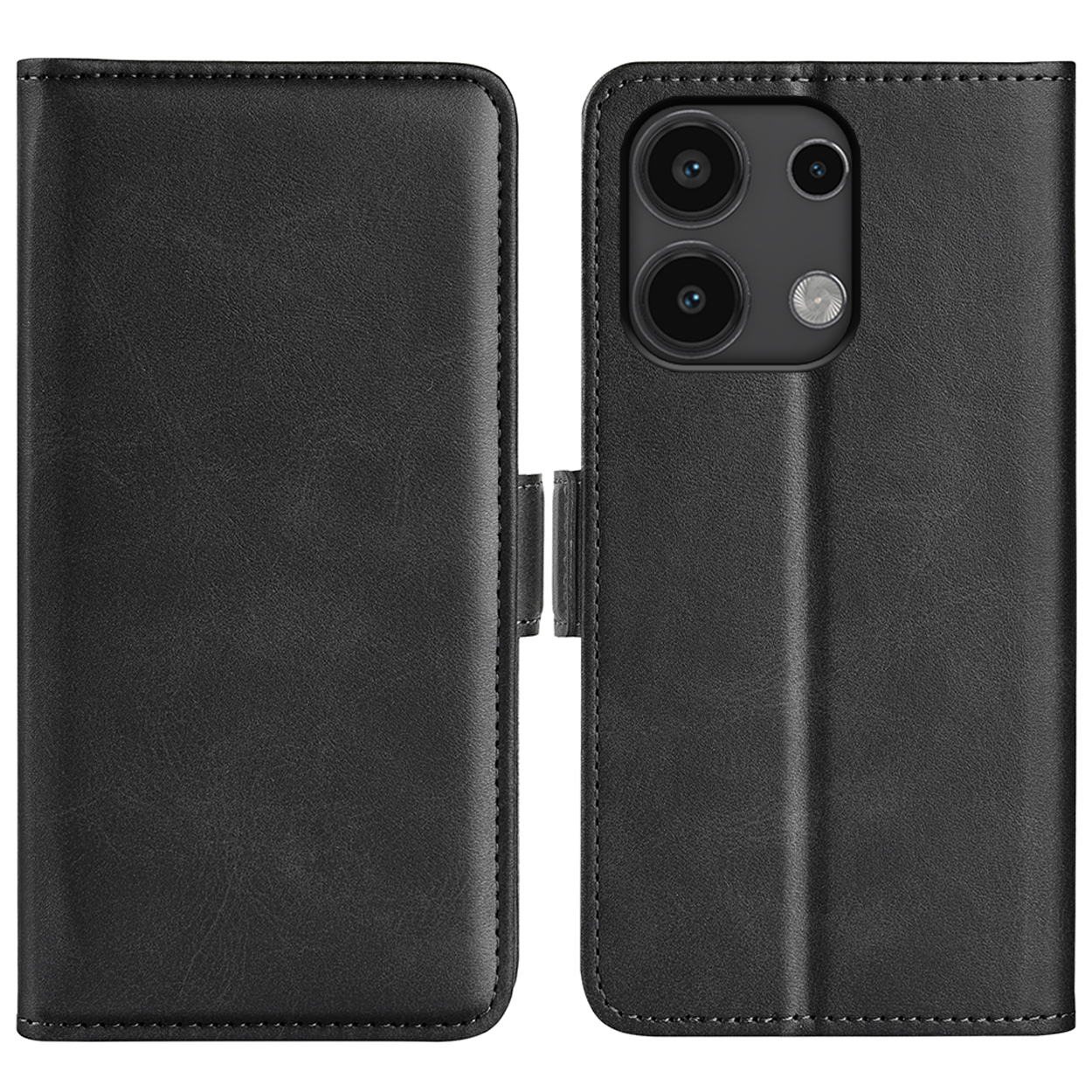 Zwarte leren telefoonhoes, open en dicht. De hoes heeft een magnetische sluiting en stiksels.