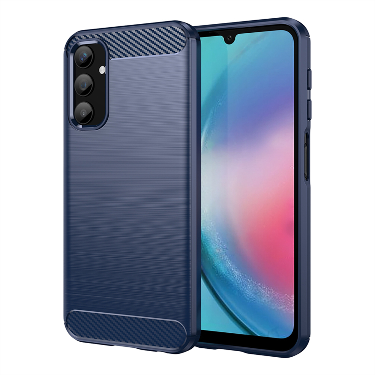 Étui de téléphone bleu, avec un dos texturé et un téléphone à l'intérieur.