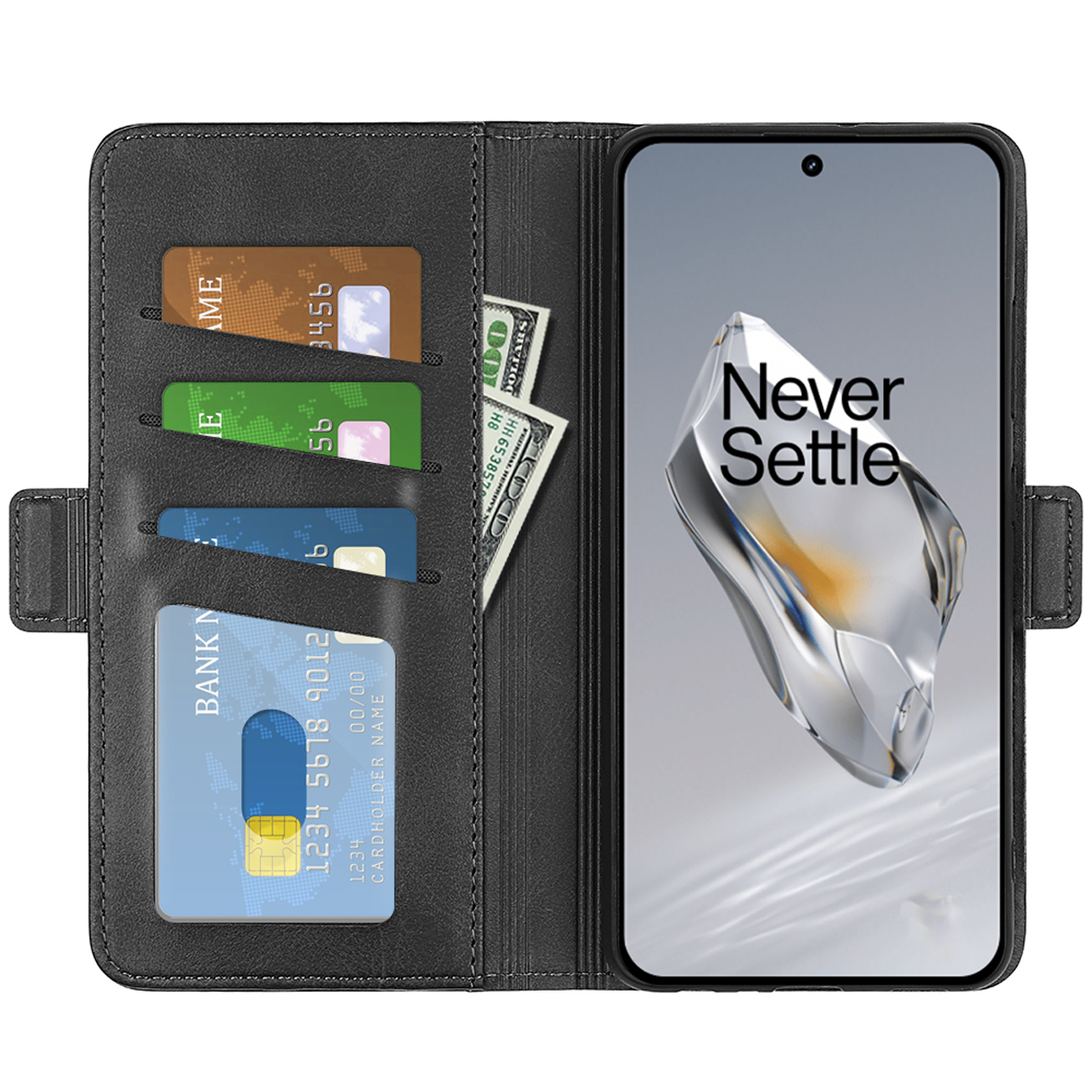 Étui de téléphone noir avec cartes, argent et logo Never Settle.