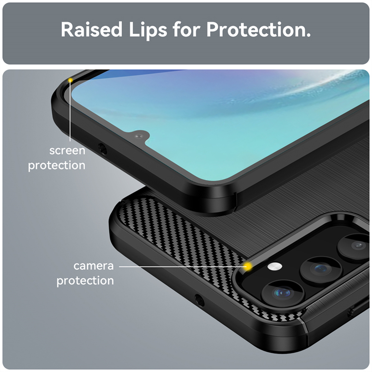 Gros plan d'un étui de téléphone noir avec protection d'écran et de caméra.
