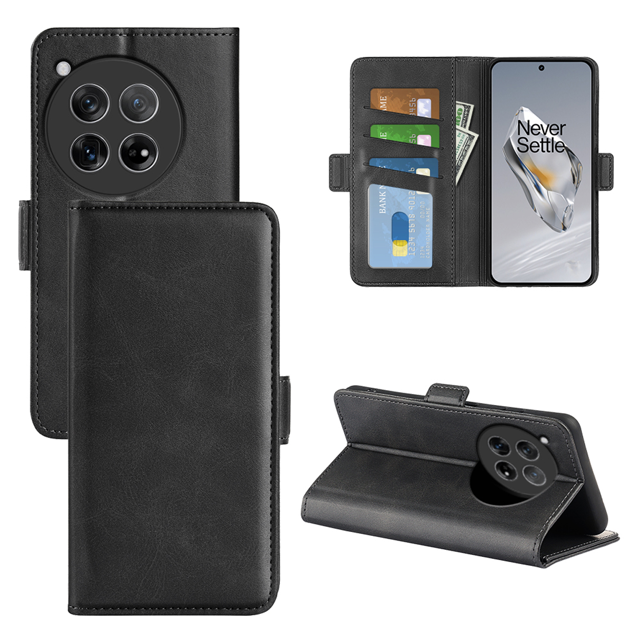 Coque de téléphone noire ouverte avec cartes et téléphone. La coque est ouverte.