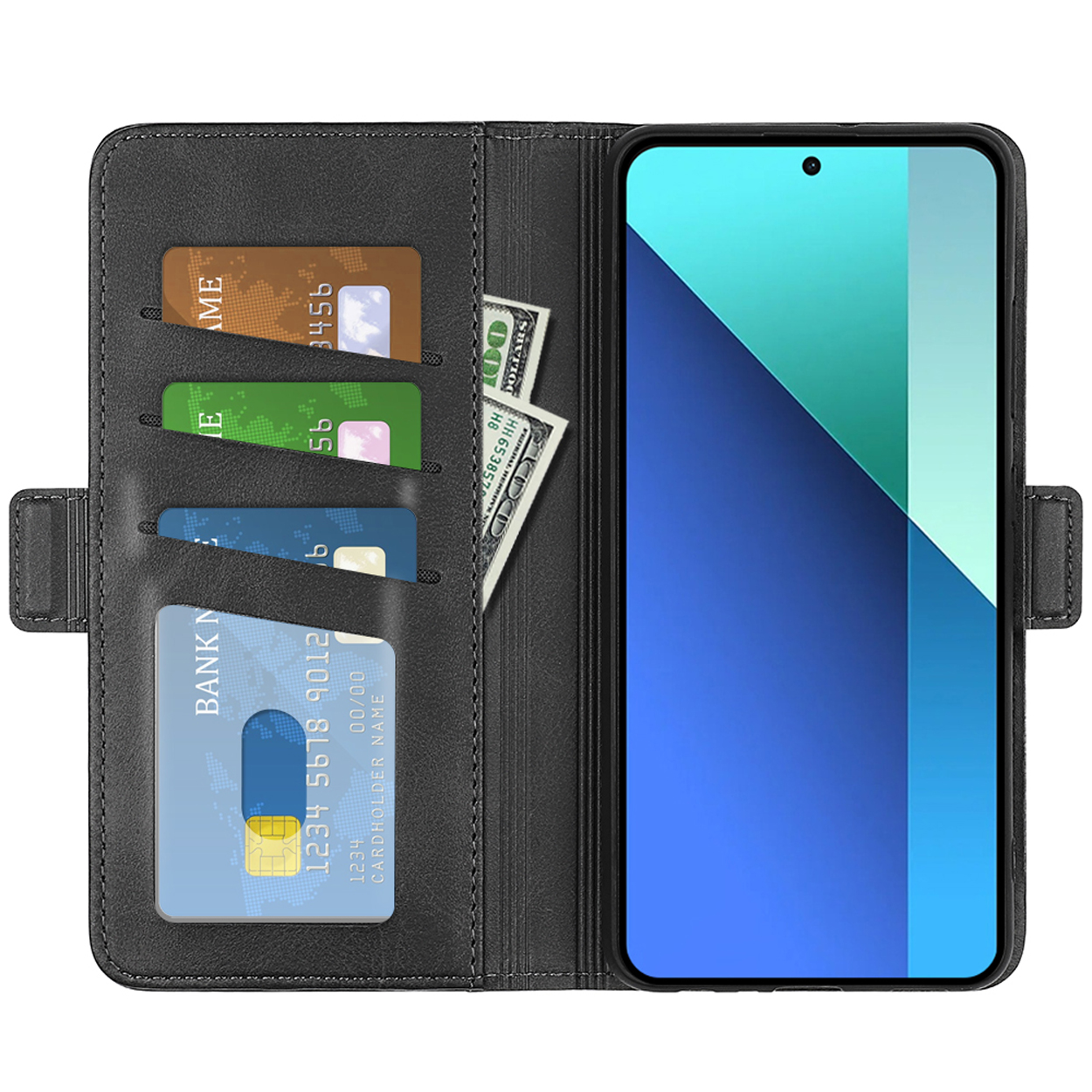 Zwarte telefoonhoes portemonnee open met telefoon en kaarten erin. De telefoon toont een blauw en wit scherm.