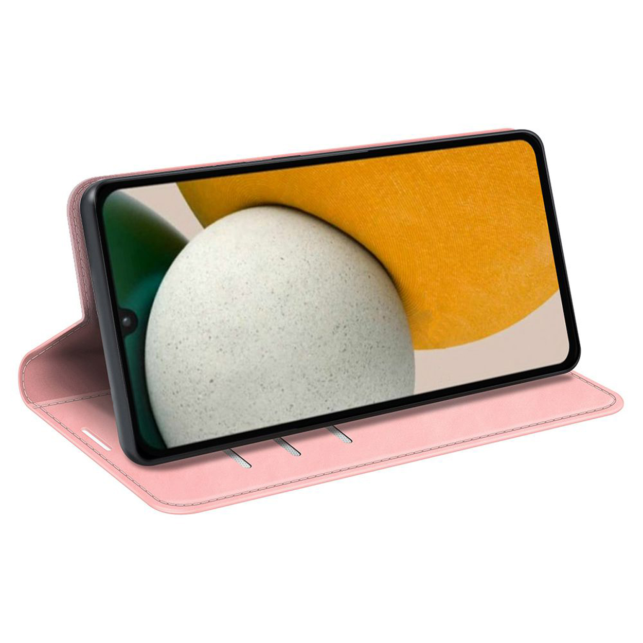Roze telefoonhoesje met een telefoon die een wit ei-achtig beeld weergeeft.