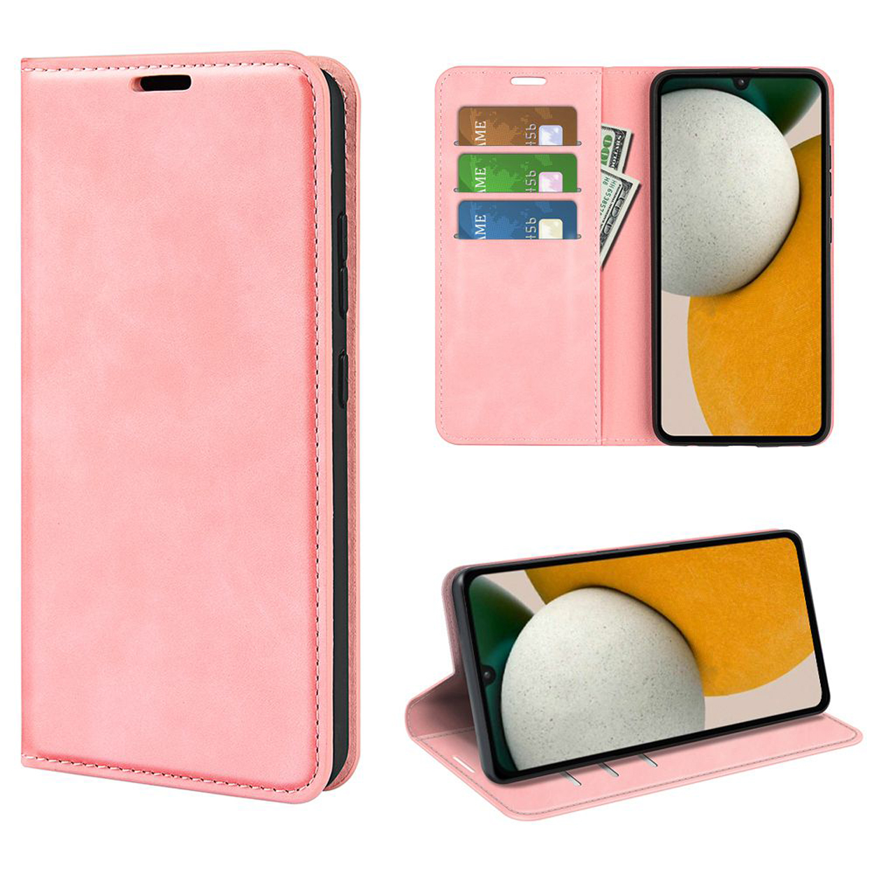 Roze telefoonhoes, open met telefoon, kaarten en geld. Telefoon toont een patroon.