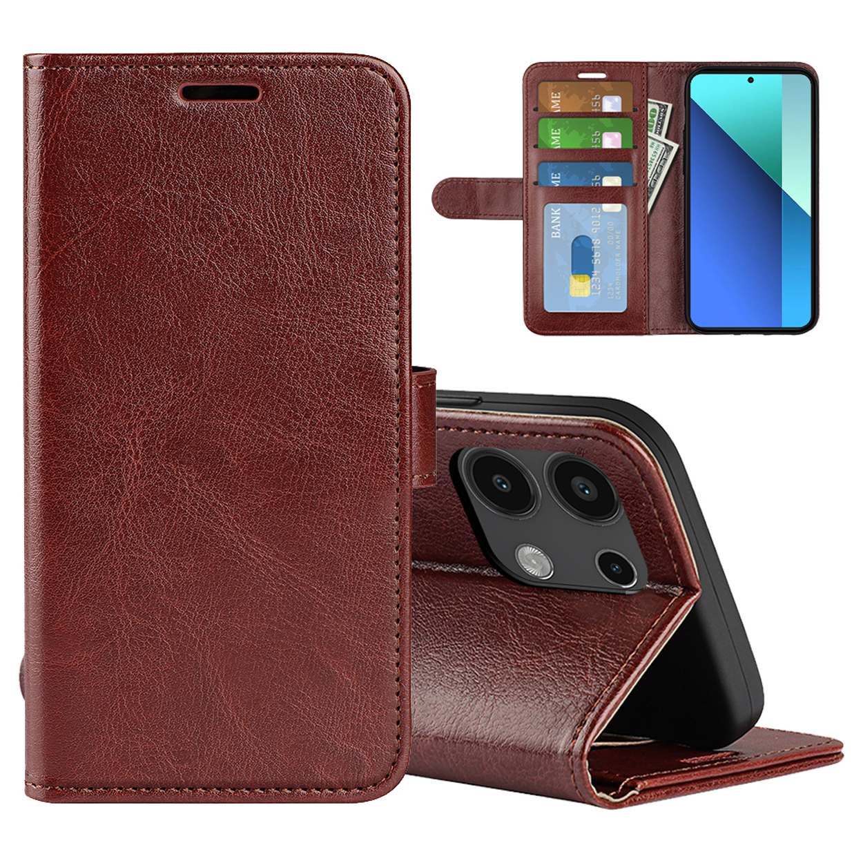 Étui de téléphone en cuir marron, ouvert avec cartes, argent et téléphone. Téléphone noir dans l'étui.