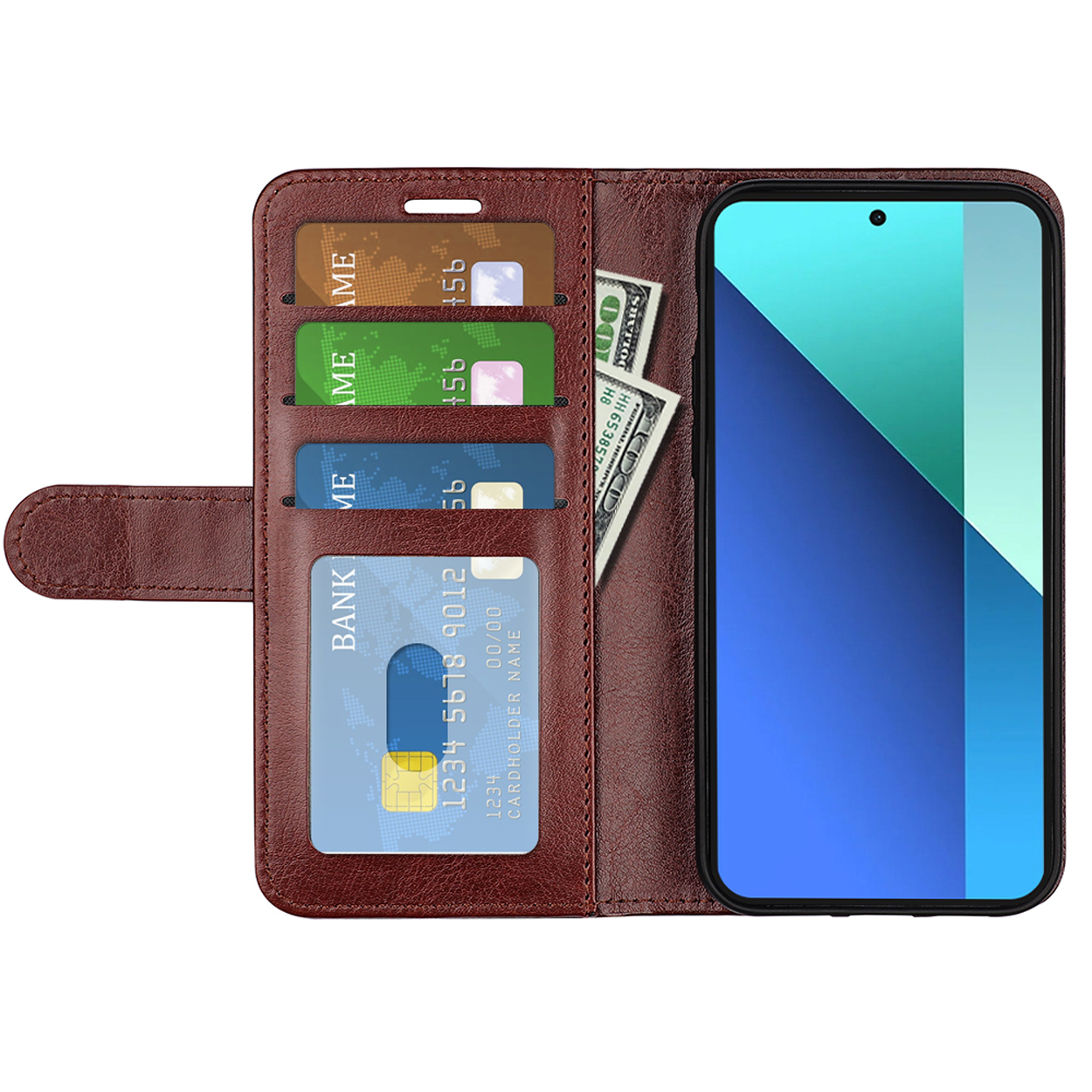 Étui portefeuille marron ouvert avec téléphone et cartes. Le téléphone affiche un écran bleu et blanc.