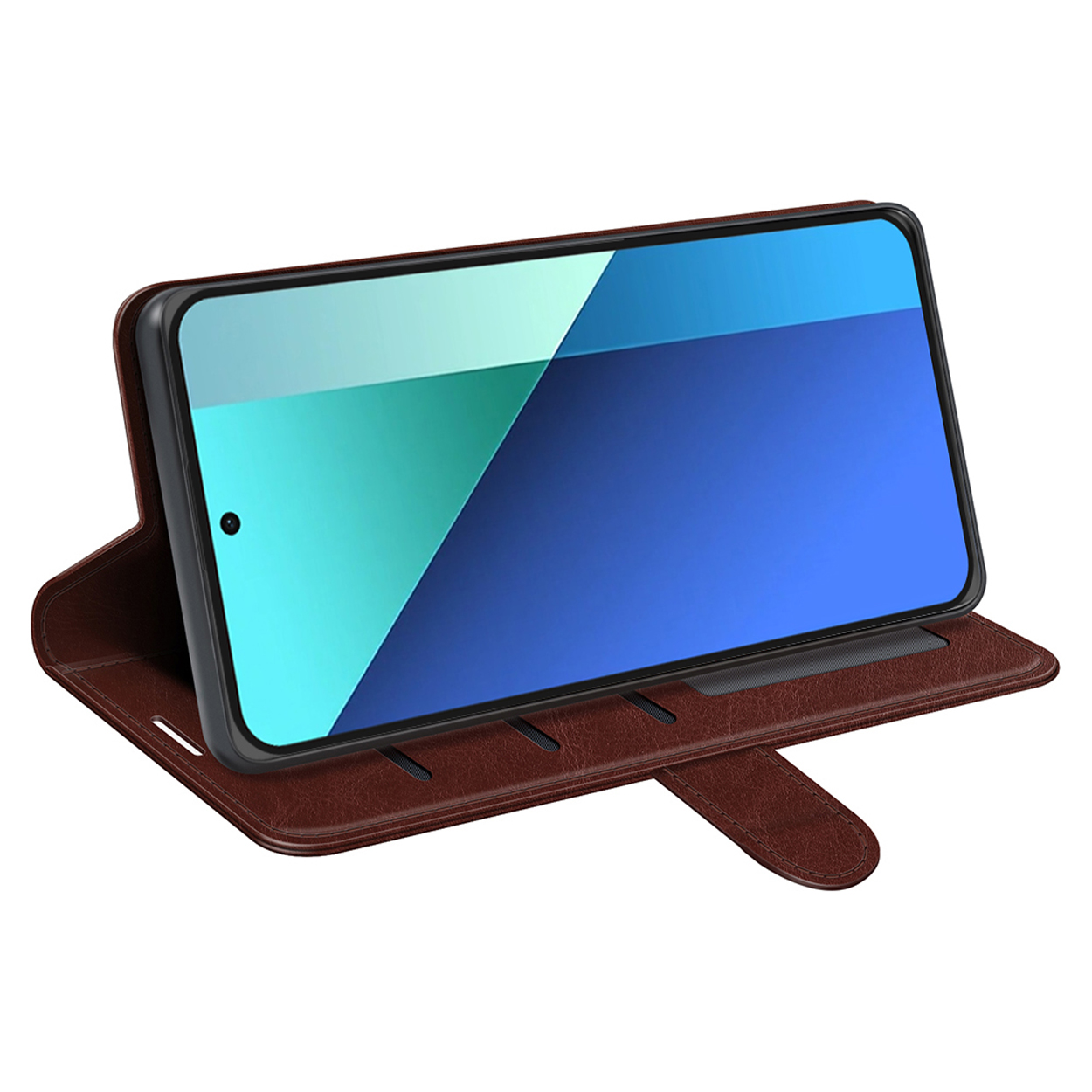 Étui de téléphone en cuir marron ouvert, avec téléphone à l'intérieur. Le téléphone affiche un écran bleu.