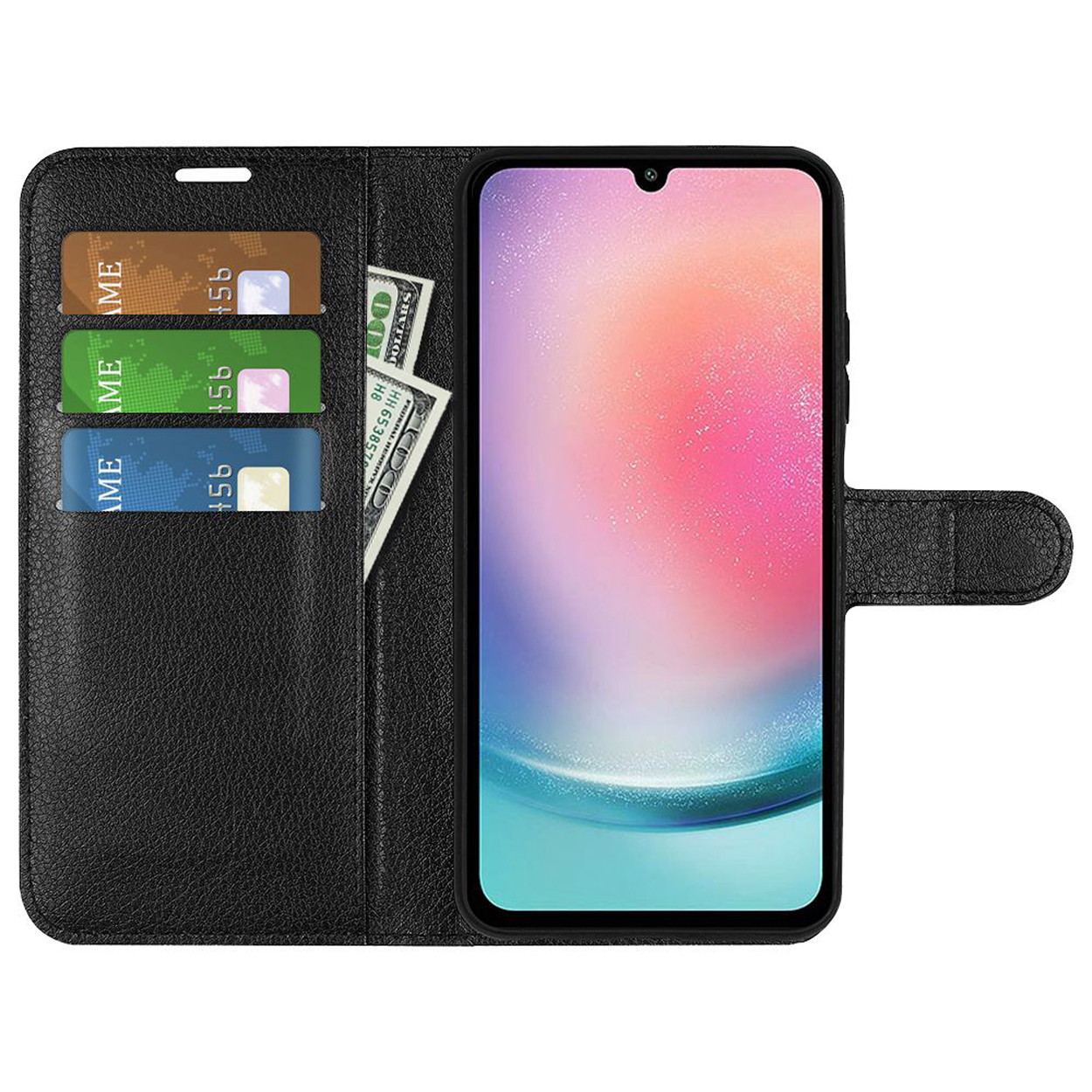 Zwarte telefoonhoes open met kaarten, contant geld en een telefoon. Het scherm is zichtbaar.