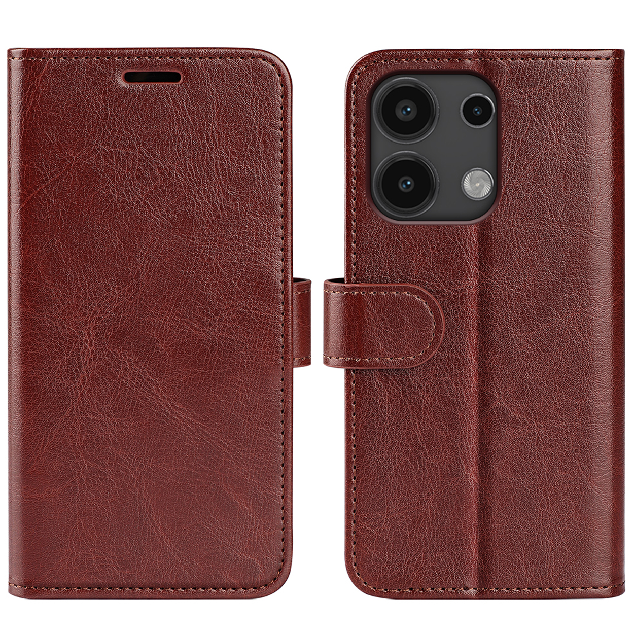 Étui de téléphone en cuir marron fermé, avec le dos d'un téléphone.