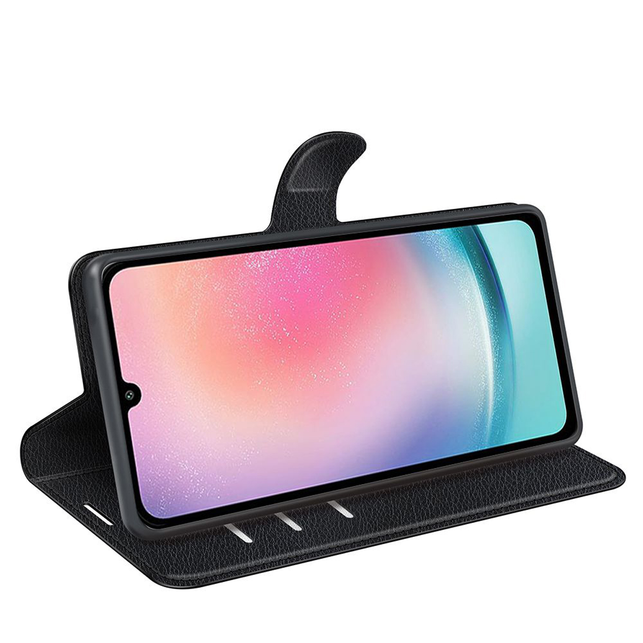 Zwarte telefoonhoes met een telefoon die een kleurrijk abstract ontwerp toont. Open hoes.