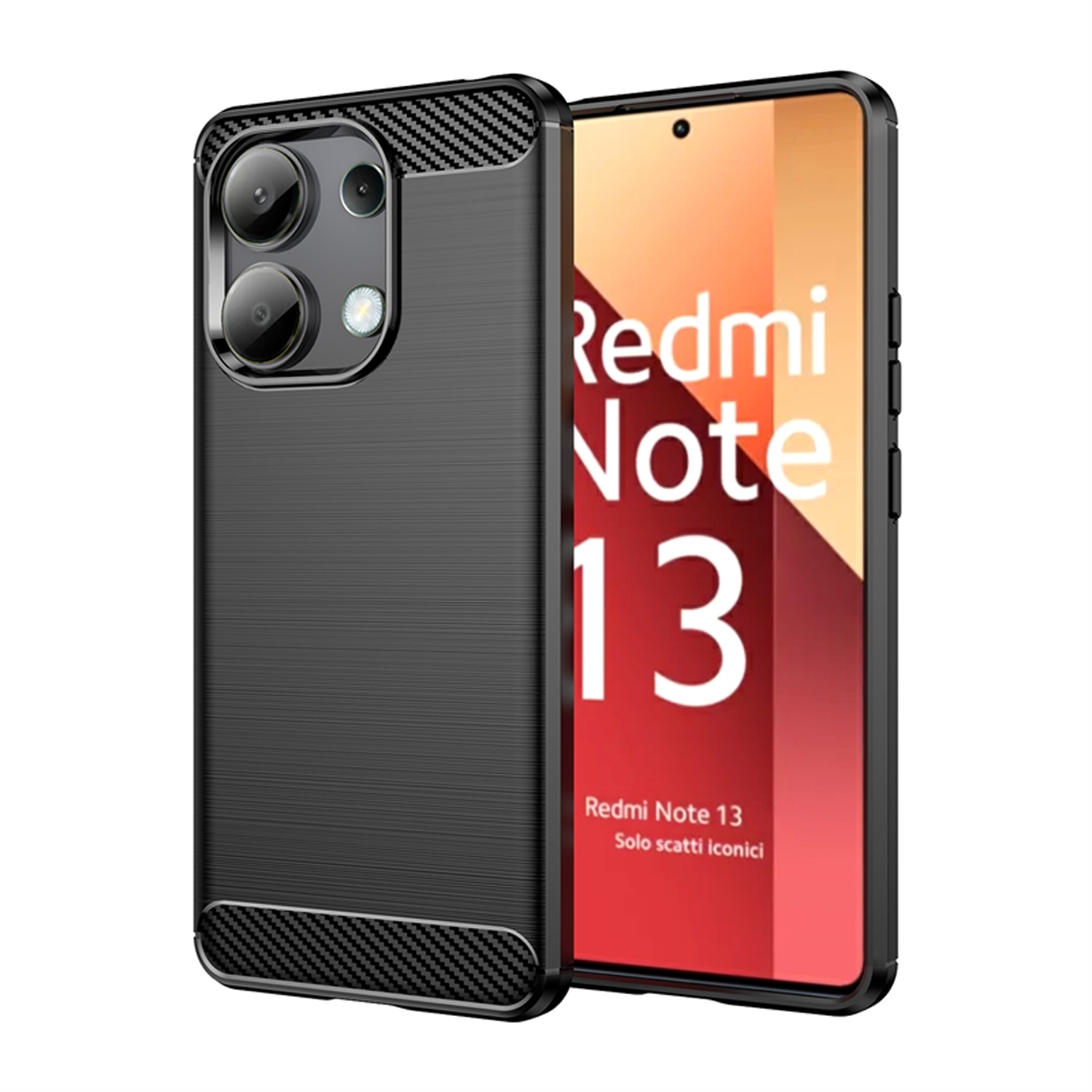 Zwarte telefoonhoes met telefoon. Met camera- en schermbescherming.