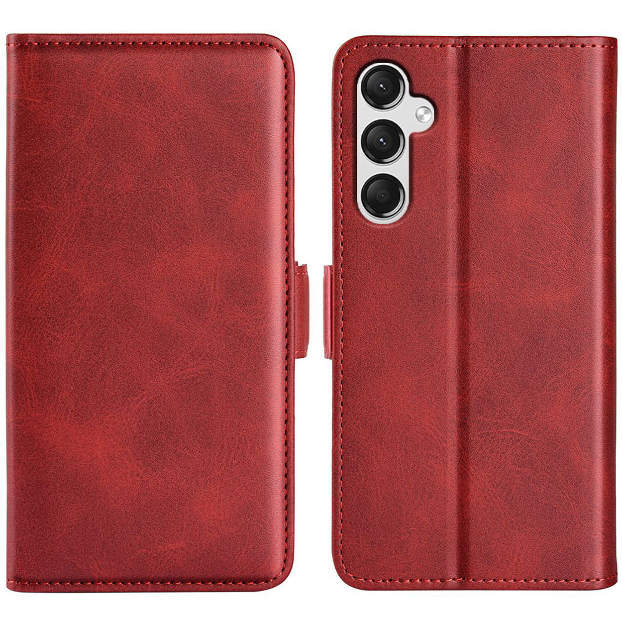 Étui de téléphone rouge, ouvert et fermé. Fermoir magnétique, caméra arrière.