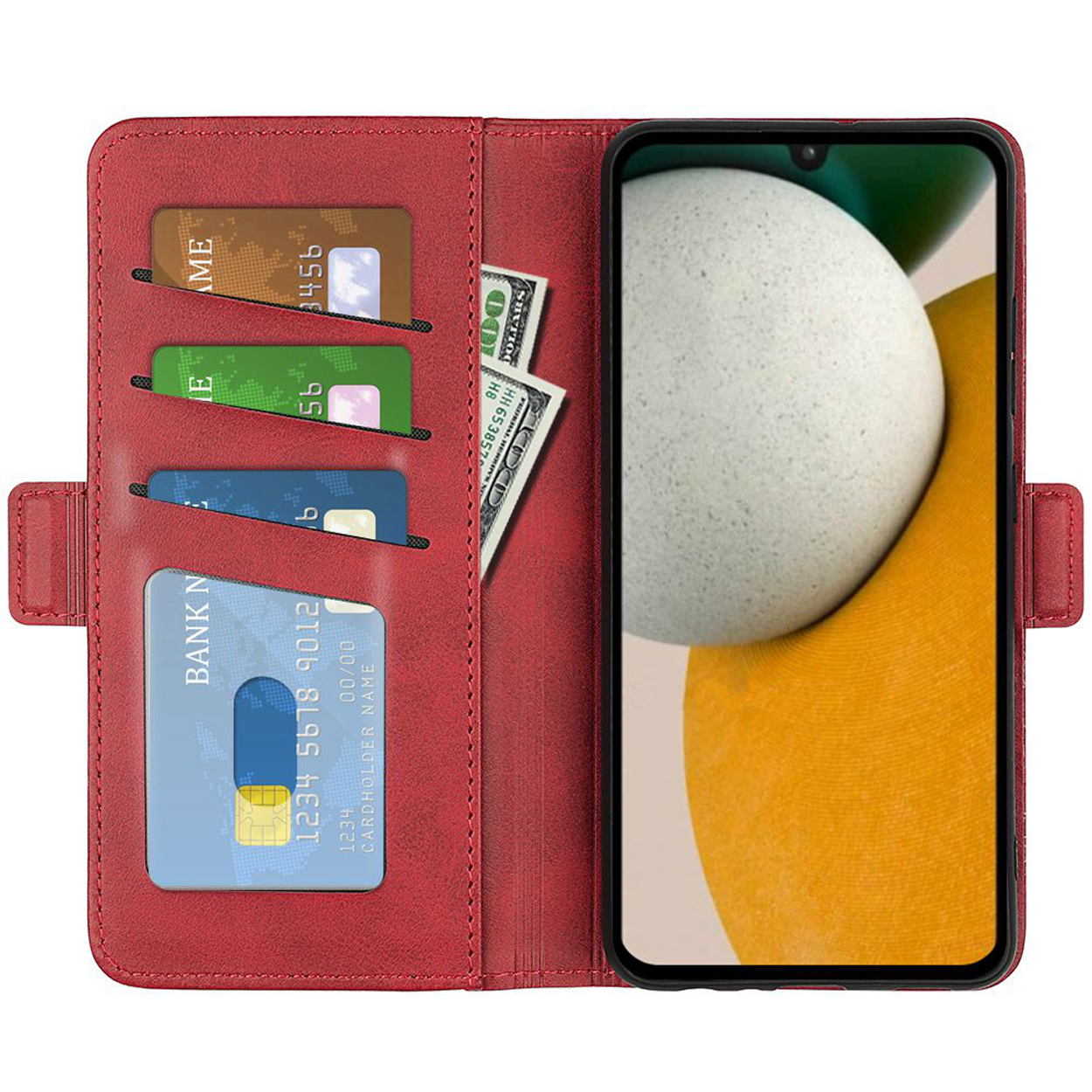Étui de téléphone rouge, ouvert, avec cartes et argent, avec un téléphone dans un support. Cadre noir avec écran jaune.