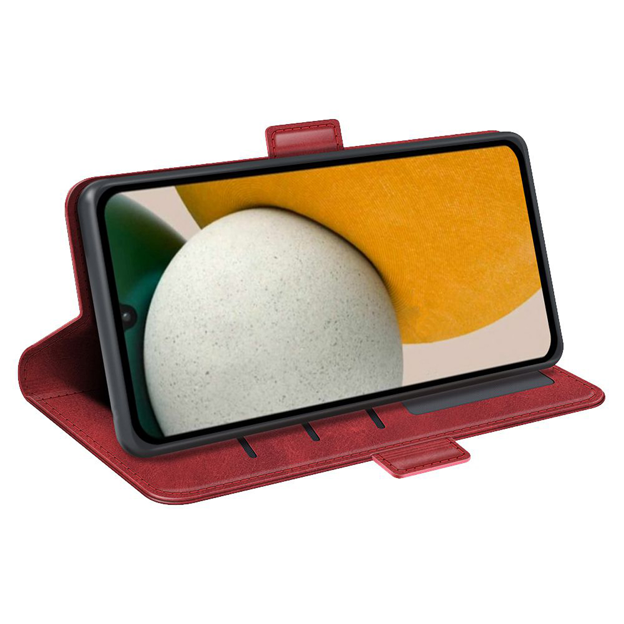 Étui de téléphone en cuir rouge, ouvert avec téléphone à l'intérieur. Le téléphone affiche un motif blanc et jaune.