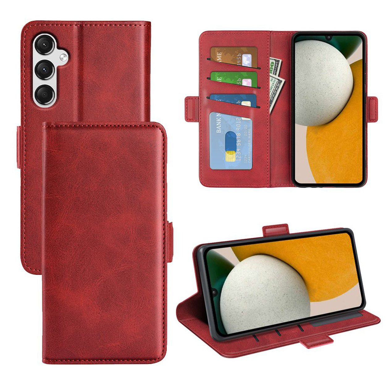 Plusieurs images d'un étui de téléphone rouge avec téléphone et cartes. Le téléphone est rouge.