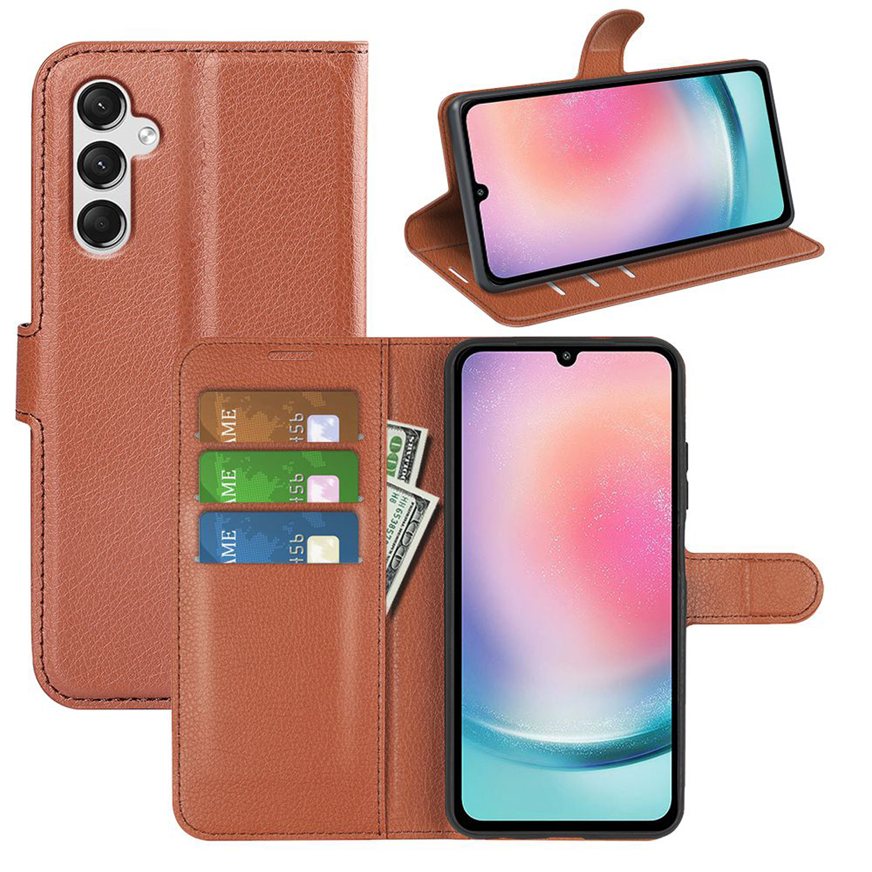 Bruine leren telefoonhoes open. Het heeft kaarten, contant geld en een telefoon. Telefoon ook buiten.