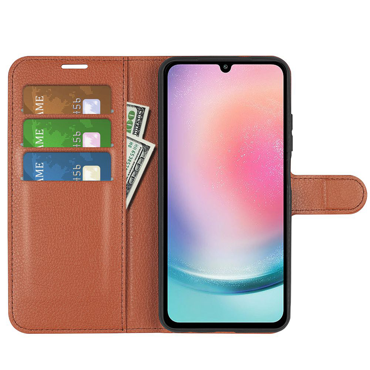 Een telefoon in een bruine leren hoes, open met kaarten en geld. Het scherm is zichtbaar.