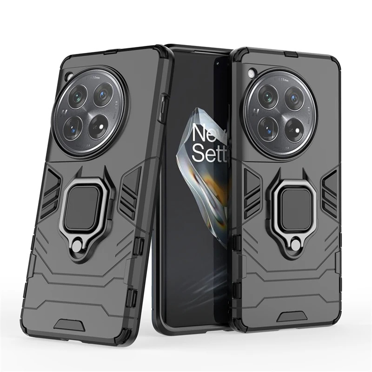 Grijze telefoonhoesjes. Twee hoesjes staan, één met telefoon erin en de andere zonder telefoon.
