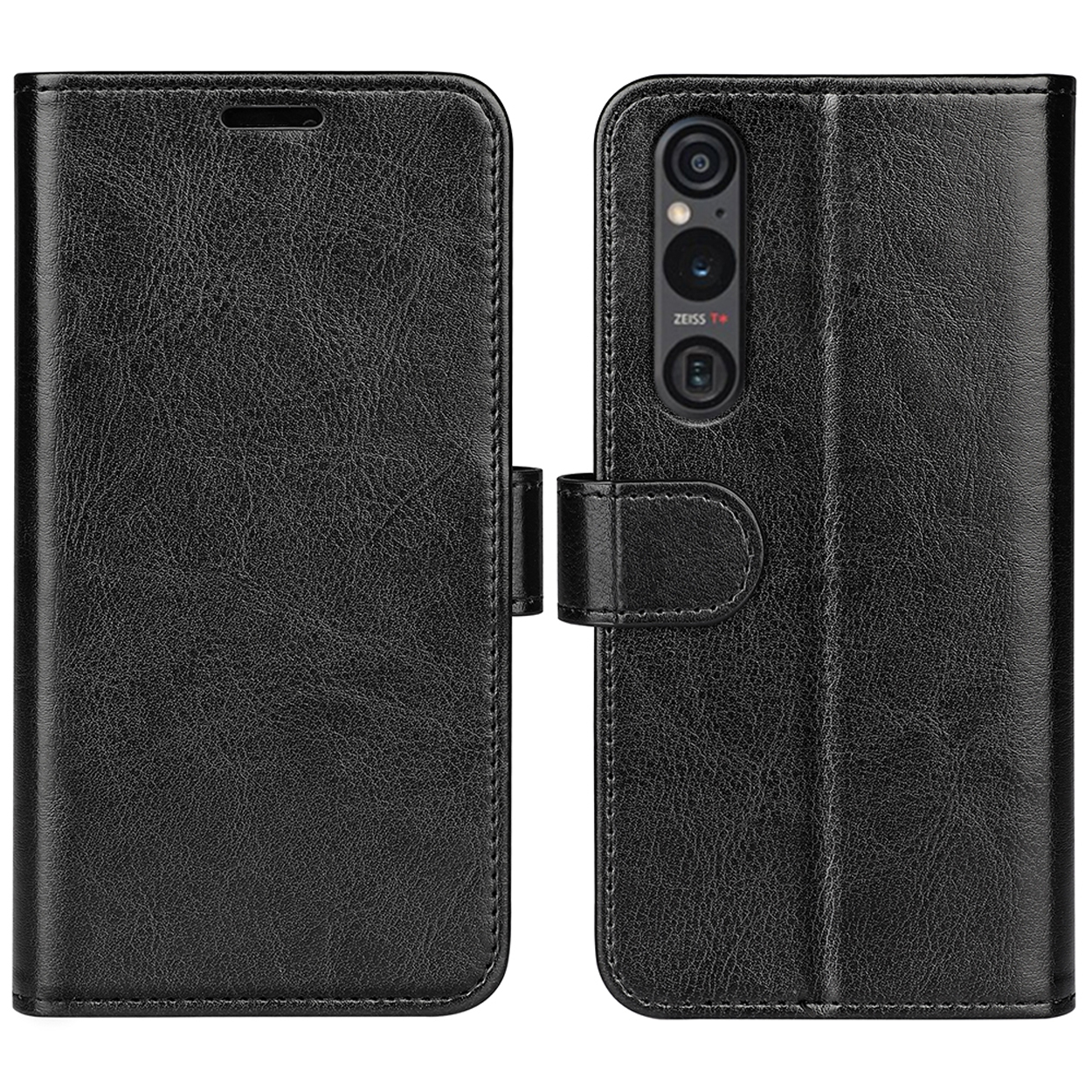Étui de téléphone noir présenté sous deux angles, ouvert et fermé.