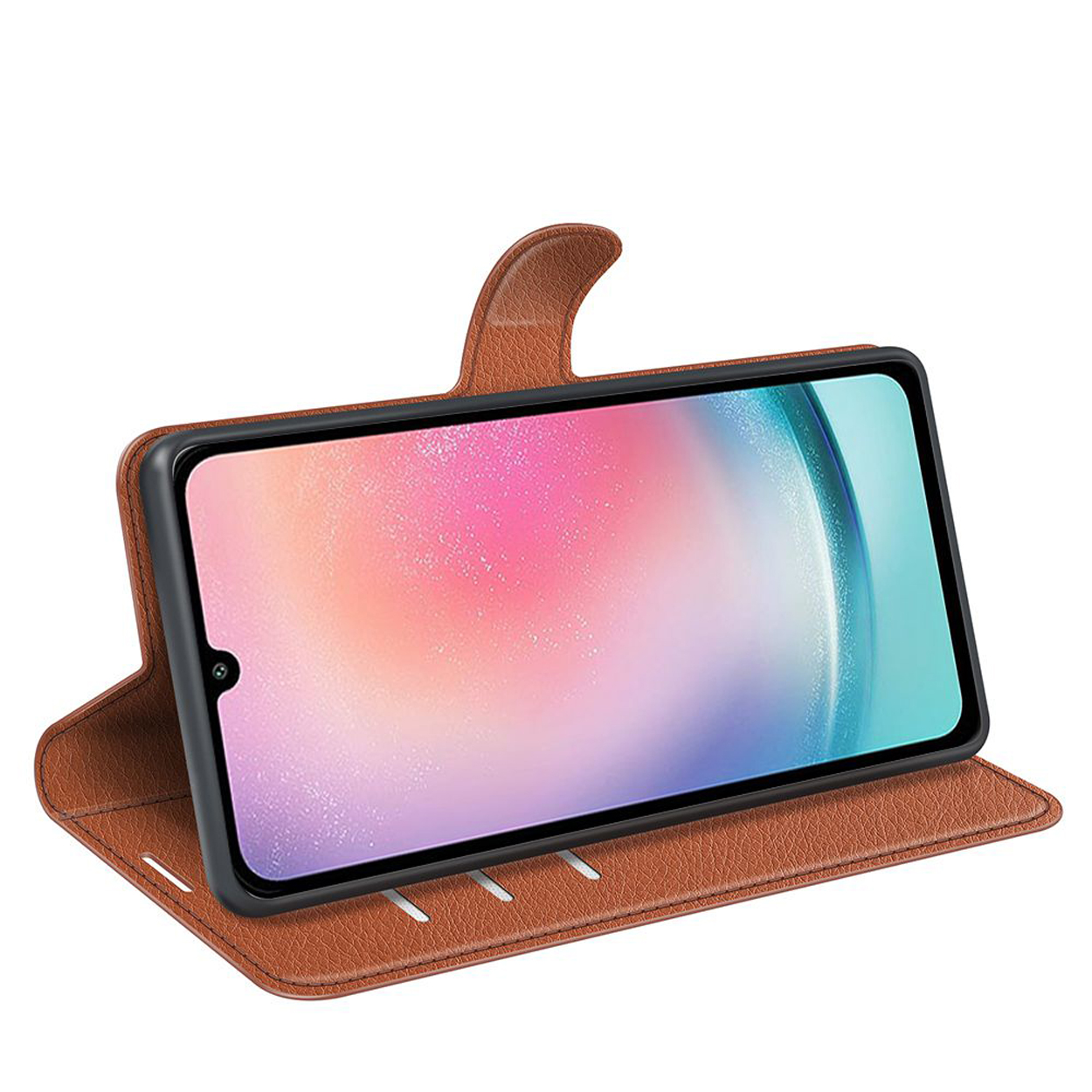 Bruine telefoonhoes met een roze, paarse en blauwe afbeelding.