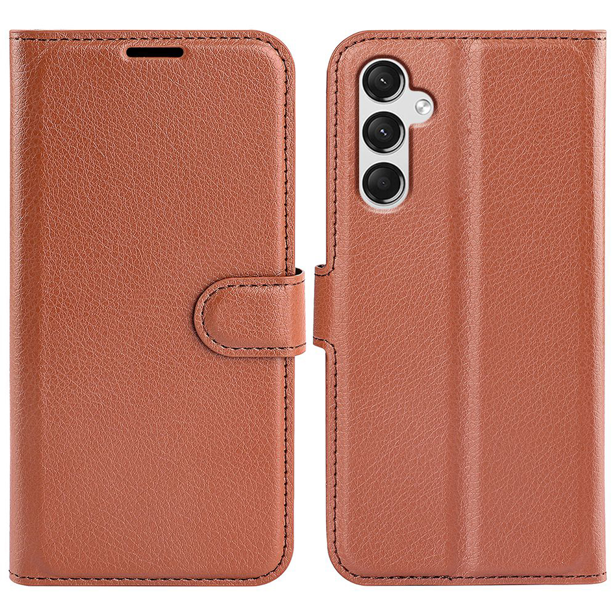 Oranje telefoonhoes gesloten. Telefooncamera zichtbaar. Knopsluiting.
