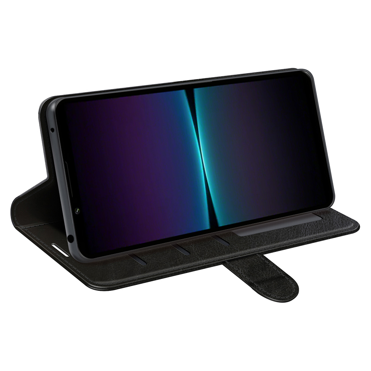 Étui de téléphone noir avec un téléphone affichant un dégradé bleu et violet.